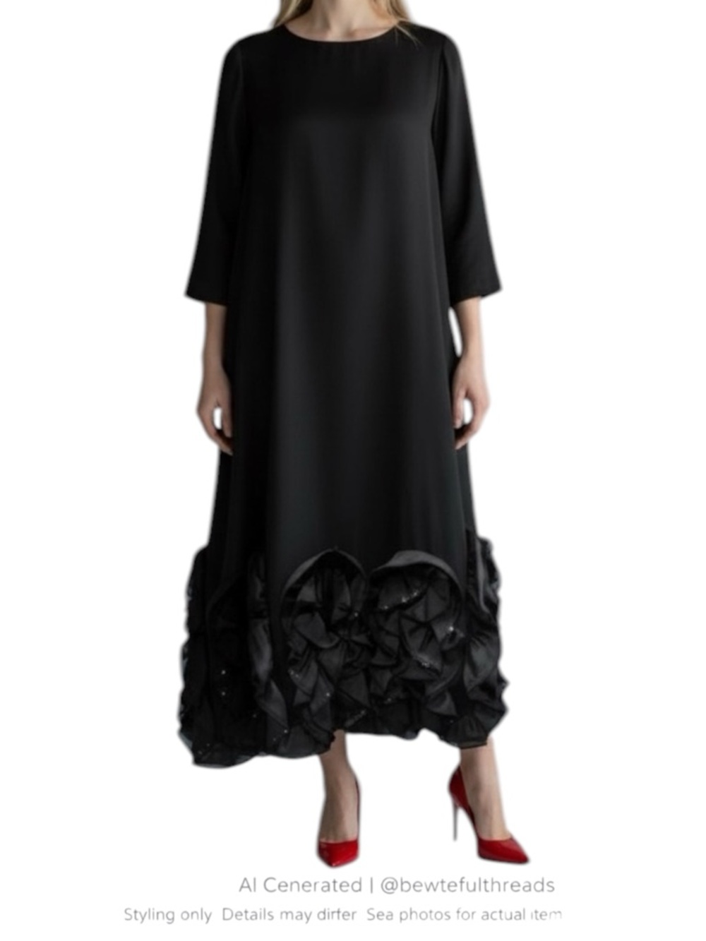 Vintage Black Rosette Hem Dress Minimalist Avant Garde Midi Fits M